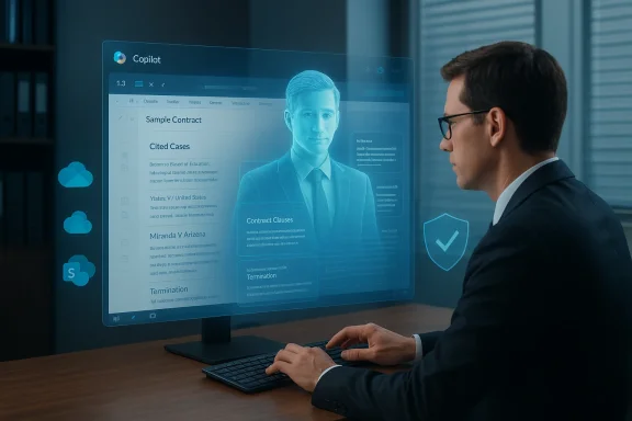 A businessman interacts with a holographic Copilot interface displaying a contract on screen.