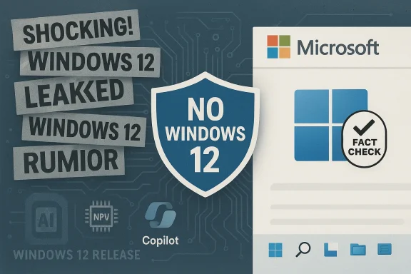 Graphic about Windows 12 leaks, featuring a 'NO WINDOWS 12' shield and a Microsoft fact-check badge.