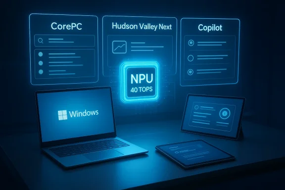 Futuristic blue holographic dashboard shows an NPU (40 TOPS) with CorePC, Hudson Valley Next, Copilot and Windows devices.