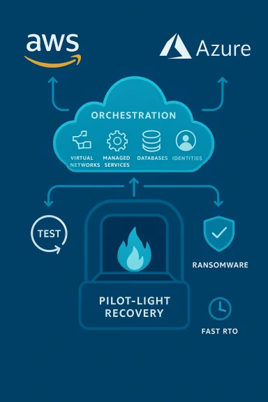 Cloud disaster recovery diagram illustrating orchestration, pilot-light recovery, testing, and RTO for AWS and Azure.