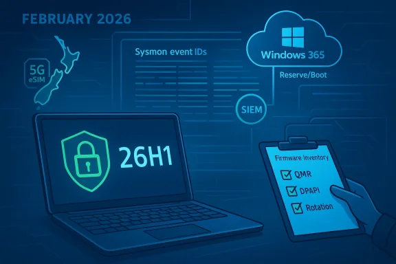 Blue cybersecurity illustration: 26H1 on a laptop, Windows 365 cloud, SIEM, and firmware inventory.