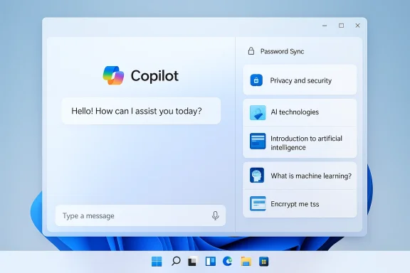 Windows Copilot UI with a left chat panel and a right-side topic menu in soft blue.