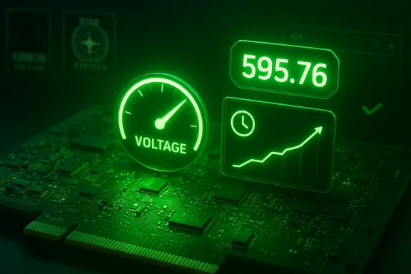 Glowing green circuit board featuring a voltage gauge and an upward-trending chart.