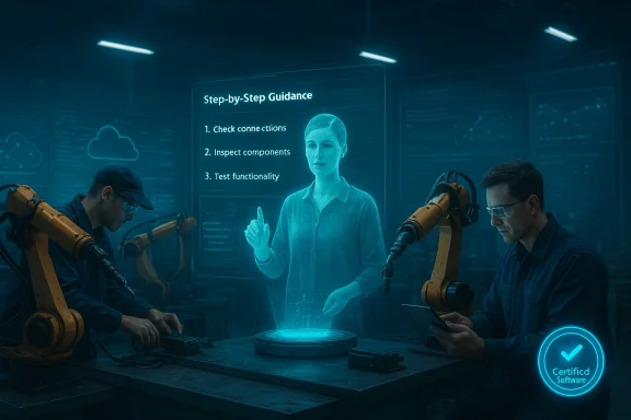 A holographic guide provides step-by-step instructions to technicians at a robotic workstation.