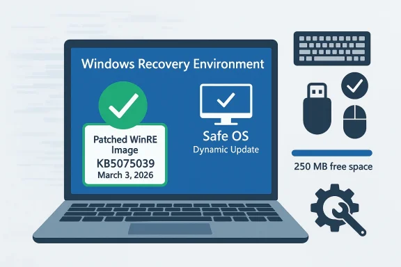 Infographic of patched Windows Recovery Environment image (KB5075039) and Safe OS dynamic update.