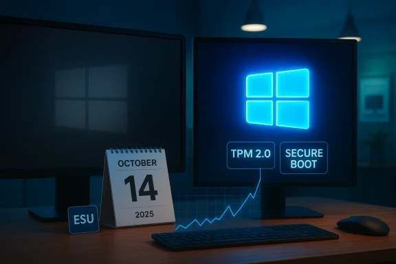 Windows security desk: TPM 2.0 and Secure Boot shown on screen with a rising graph.