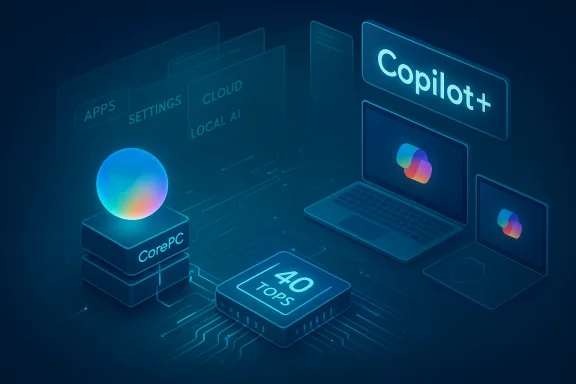 Futuristic AI hub showcasing Copilot+ across CorePC, cloud/local AI, and multiple devices.