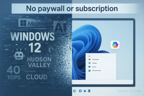Split image of Windows 12 concept with a 'No paywall or subscription' banner.