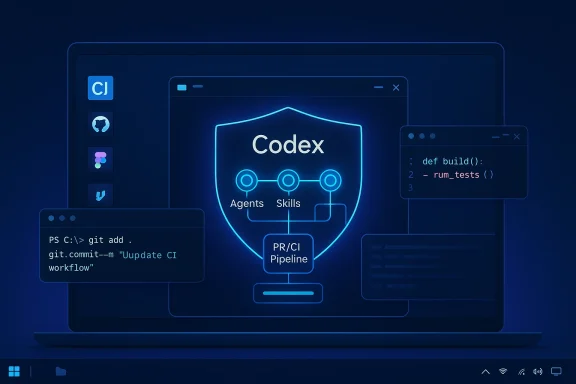 Neon Codex shield centered on a laptop, with code windows and CI/PR pipeline.