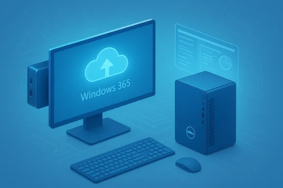 Blue-toned Dell desktop setup showing Windows 365 cloud icon on the monitor.