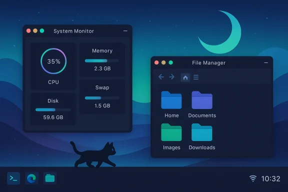 Dark, neon UI showing System Monitor and File Manager windows on a night-blue Mac desktop.