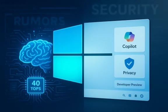 Windows Copilot AI interface showing a digital brain and privacy focus.