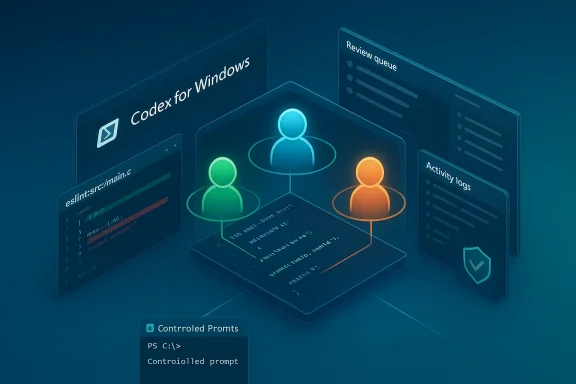 Isometric dashboard with three colored avatars around code blocks and activity logs.