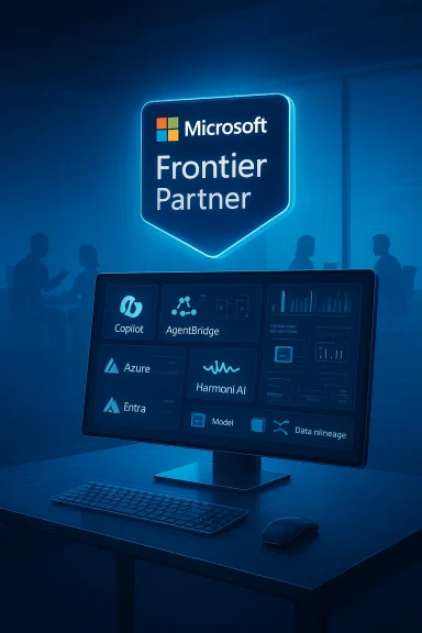 Microsoft Frontier Partner sign glows above a desk displaying AI tools on a monitor.