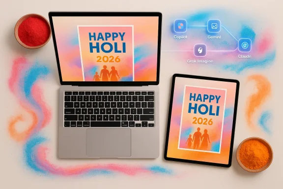 A festive Holi scene: laptop and tablet show “Happy Holi 2026” posters among colorful powder swirls.