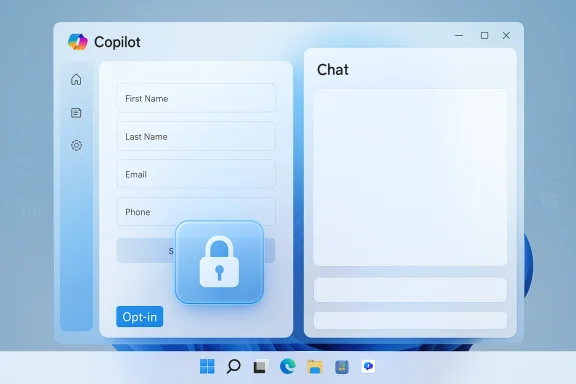 Blue Copilot UI showing a left form panel and a right chat panel.