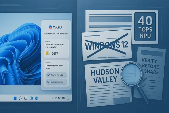 Windows-like desktop with Copilot chat beside mock Windows 12 headlines and NPU notes.