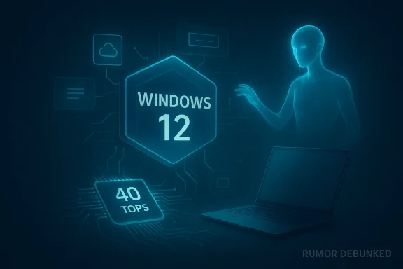 Futuristic Windows 12 concept with a holographic figure, laptop, and a 40 TOPS chip.