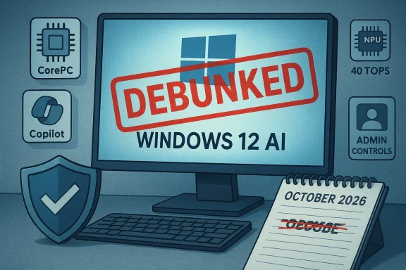 A computer monitor shows “DEBUNKED WINDOWS 12 AI” beside security icons and a calendar.