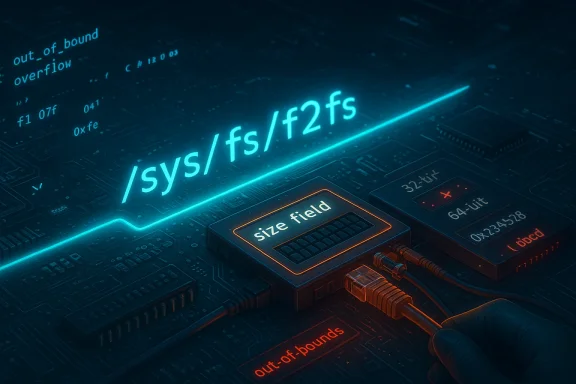 Neon-lit circuit board displays '/sys/fs/f2fs' as a hand plugs in cables.