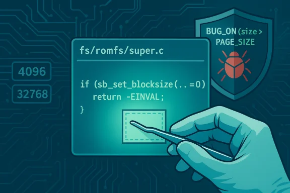 A gloved hand patches kernel filesystem code to enforce blocksize.