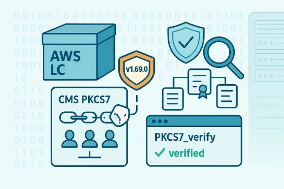 Illustration of PKCS7/CMS verification, certificates, and digital security checks.