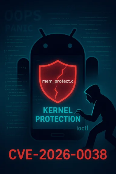 Android device shows kernel protection shielding against CVE-2026-0038 as a hacker looms.