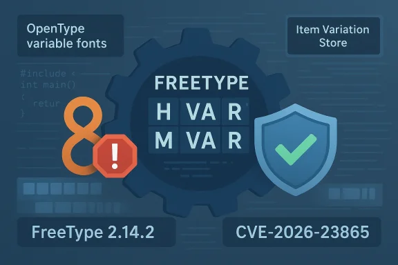 Illustration of OpenType variable fonts and FreeType CVE-2026-23865 vulnerability with shield and warning icons.