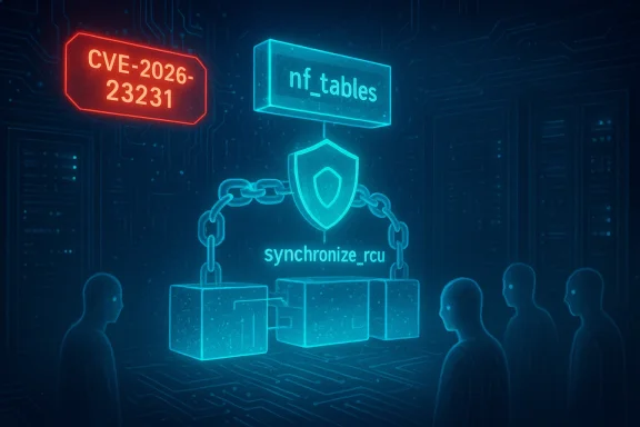 Blue neon illustration shows nf_tables and synchronize_rcu chained under CVE-2026-23231.