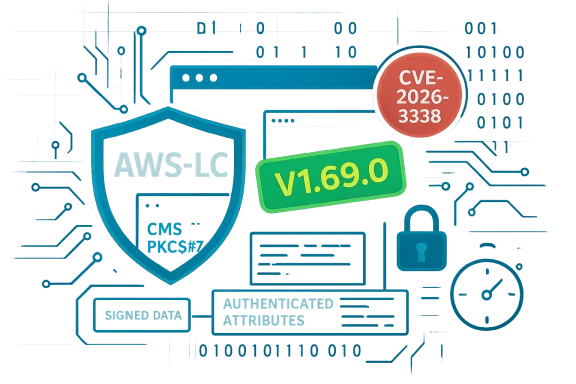 Security-themed illustration with AWS-LC shield, green V1.69.0 badge, and CVE-2026-3338 alert.