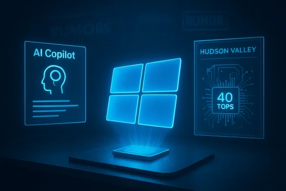 Glowing holographic Windows logo floats above a base, with AI Copilot and tech posters nearby.