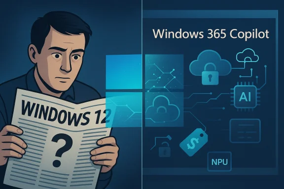 A man reads a newspaper about Windows 12 as Windows 365 Copilot graphics glow on the right.