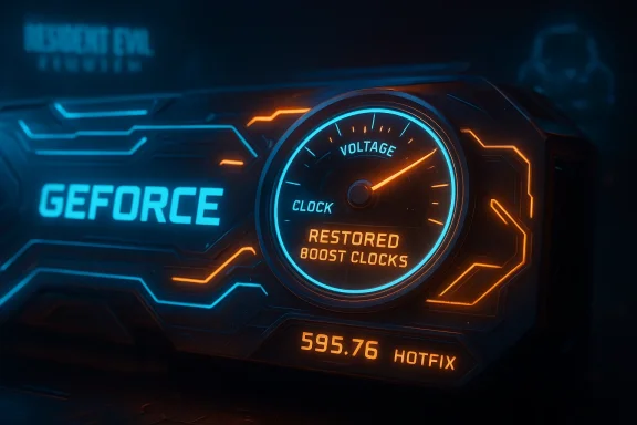 Neon-lit GeForce GPU glowing blue and orange with a circular voltage/clock gauge.