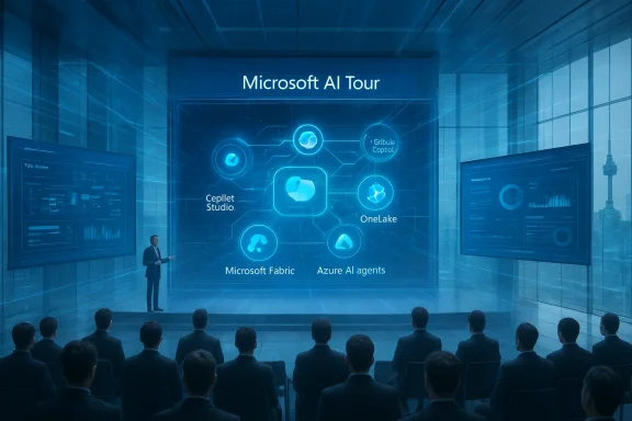 Speaker presents Microsoft AI Tour with a glowing blue holographic diagram of AI services.