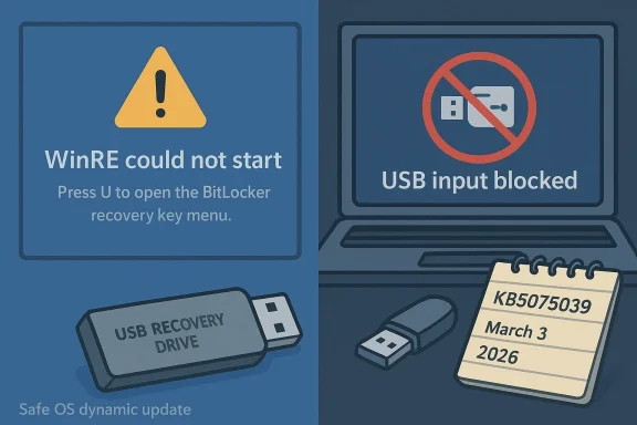 Two-panel Windows-themed illustration showing WinRE recovery failure and USB input blocked.