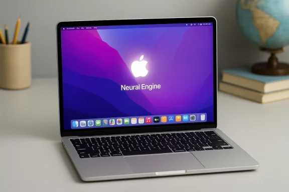 MacBook displays a Neural Engine splash screen on a purple gradient wallpaper.