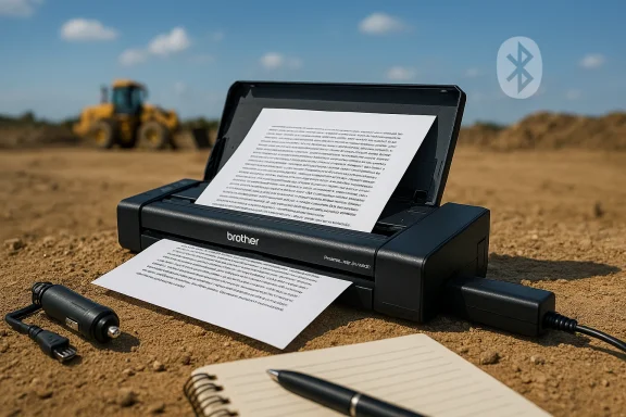 A Brother portable printer on dusty ground prints documents at a construction site.