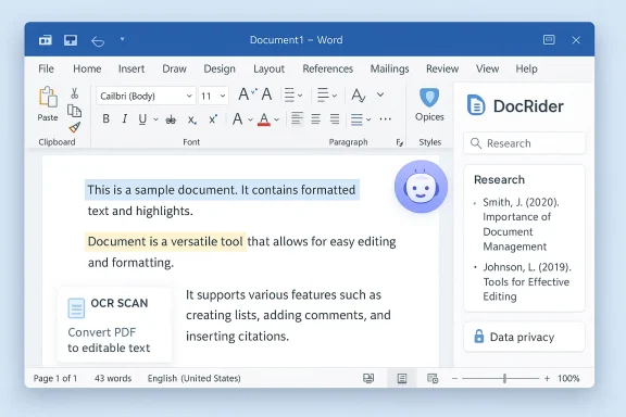 A Word-like document editor showing highlighted text and a DocRider sidebar.