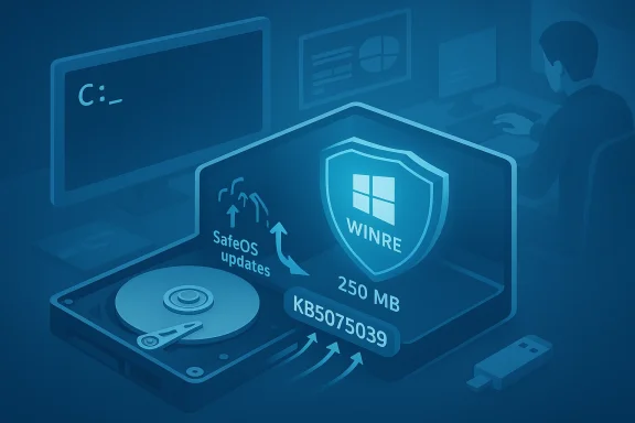 Blue infographic showing Windows SafeOS updates, WinRE shield, 250 MB patch KB5075039.