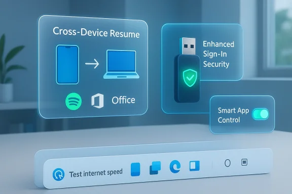 Futuristic UI panels show cross-device resume, enhanced sign-in security, and smart app control.
