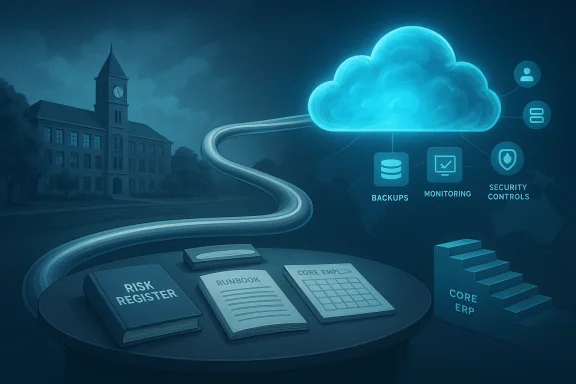 Blue-tinted campus scene with a cloud network linking backups, monitoring and security controls above risk books.