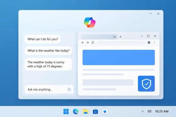 Futuristic desktop UI showing AI chat on the left and a browser mockup on the right.