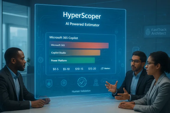 Three professionals discuss a holographic HyperScoper AI estimator display in a modern office.