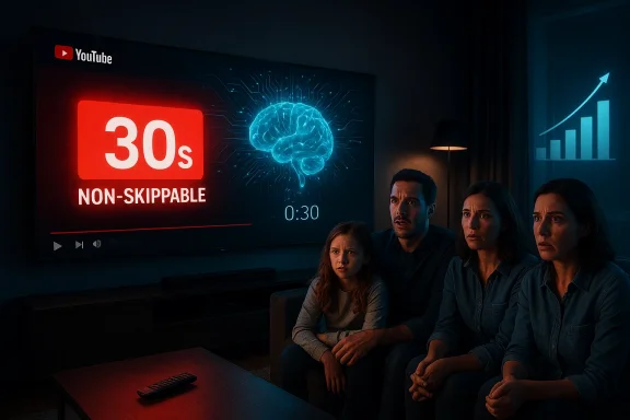 A family watches a large screen YouTube ad: “30s non-skippable” with a glowing brain graphic.