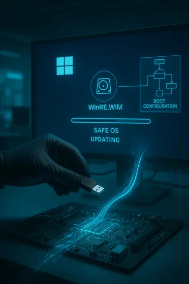 A hand inserts a USB drive into a motherboard during a Safe OS updating process.