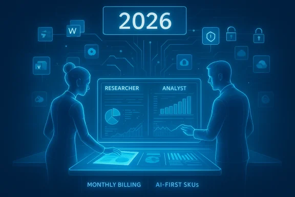 Two analysts study a futuristic dashboard displaying 2026 data and charts.