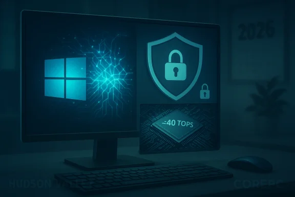 A Windows desktop with a shielded security emblem and a ~40 TOPS AI processor.