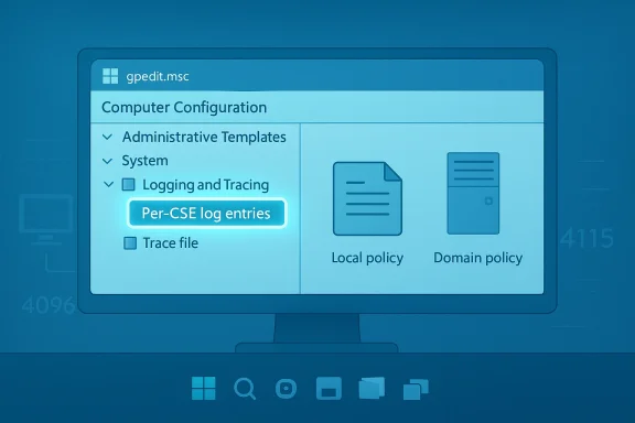 Blue-tinted Windows Group Policy Editor screen showing Per-CSE log entries under Computer Configuration.