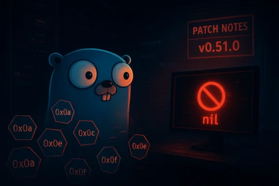 A blue cartoon beaver in a dark server room watches a glowing red 'nil' warning beside patch notes v0.51.0.