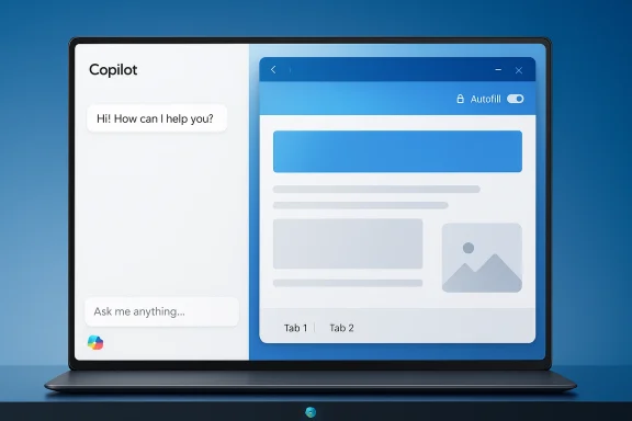 Laptop screen split: Copilot chat on the left and a blue UI mockup on the right.